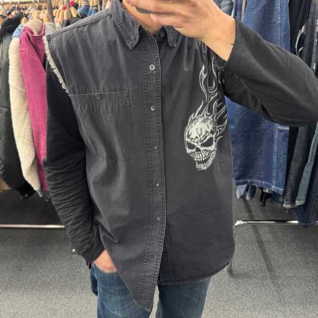 XL)할리데이비슨 빈티지 스컬 프린팅 커스텀 조끼 베스트 셔츠