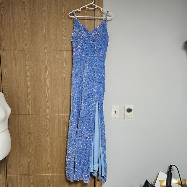 스팽글 벨벳 블루 옆트임 연말파티프롬 롱드레스 M 머메이드 반짝이 원피스