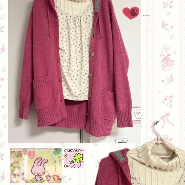 핑크 잔꽃 니트 후드 가디건 모리걸 세트 코디세트