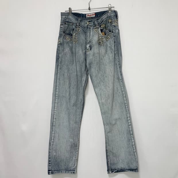 아카데믹스 00s 연청 워싱 데님 팬츠 오리엔탈 자수 빈티지 청바지 36