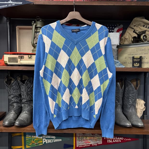 90s 브룩스브라더스 아가일패턴 브이넥 코튼니트 스웨터 N990