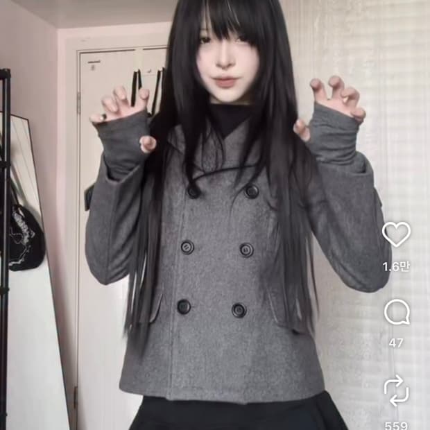 일본 소녀 울 더블 버튼 코트 자켓 그레이