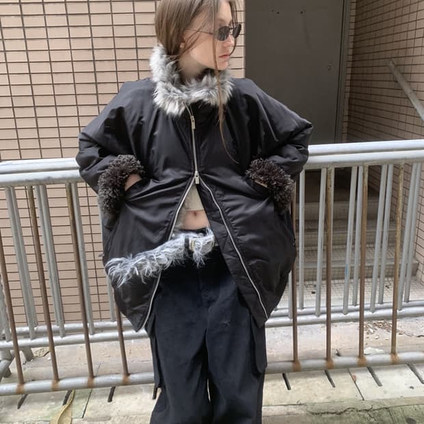 lonslan 하이넥 리버서블 퍼자켓 lamb wool