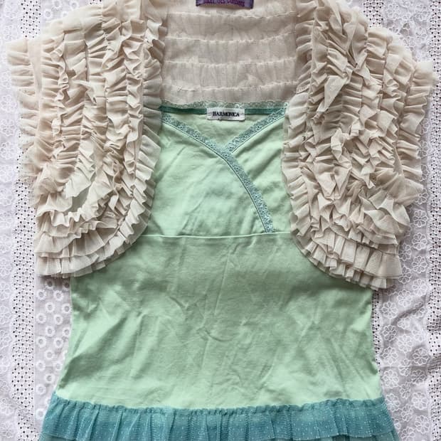 Frill Cardigan + Neon green sleeveless