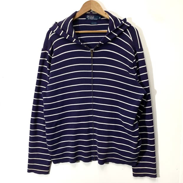 폴로 코튼 스트라이프 후드 니트집업