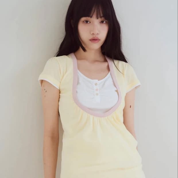 오피쉬 셔링 유넥 티셔츠 Shirring U neck T-shirts