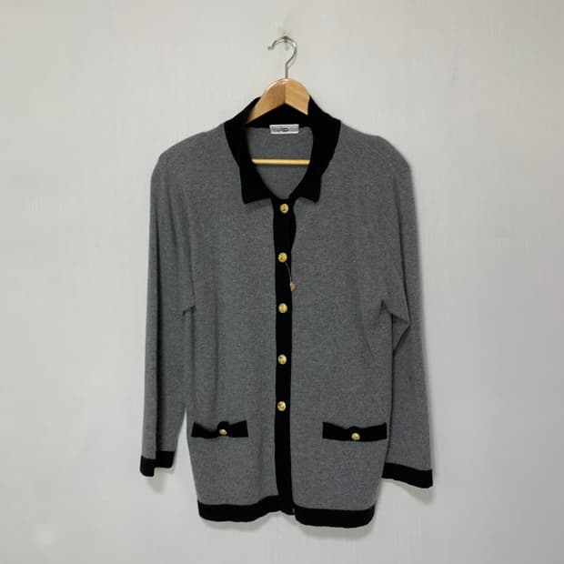 jpn 일본 빈티지 캐시미어 100 니트 버튼 배색 가디건 그레이 블랙
