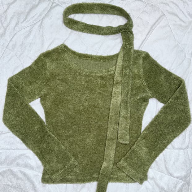 모리걸 y2k 갸루룩 빈티지샵 올리브 몽글 슬림 니트 스카프set