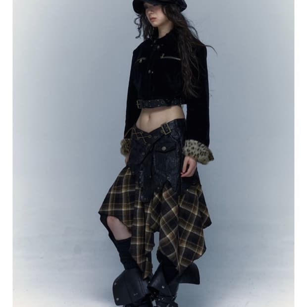 Shop cor 샵코르 NOROMANCE 펑크 레더 체크 스커트