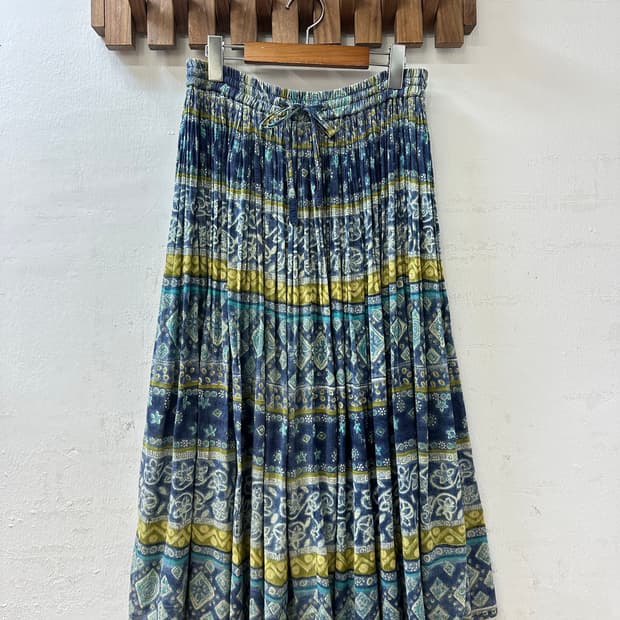 일본빈티지 블루 멀티 패턴 에스닉 히피 스트라이프 밴딩 스커트