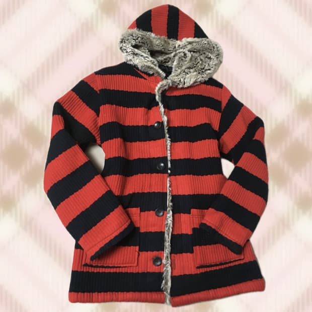 레드 블랙 스트라이프 후드 퍼 자켓 오네 갸루 펑크 와투케 고스 빈티지