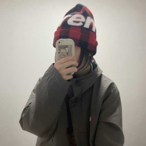 슈프림 빅 로고 비니 체크 레드