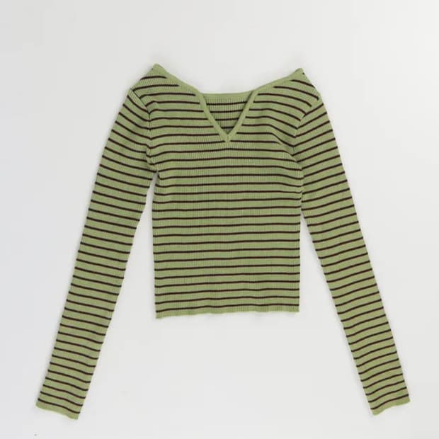 단가라 니트 스트라이프 브이넥 슬림핏 골지 긴팔 초록