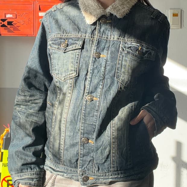 90s 빈티지 캣워싱 퍼 데님 트러커자켓