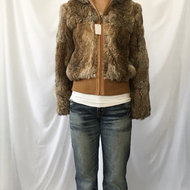 Rabbit fur hood zip up jacket