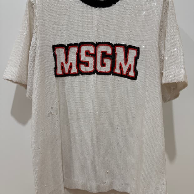 MSGM 화이트 스팽글 로고 반팔 티셔츠 38