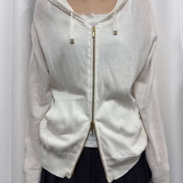 white knit hood twoway zipup
