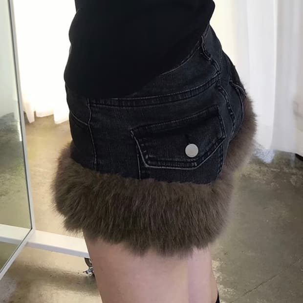 일본빈티지 퍼 데님 숏팬츠 반바지 y2k 오네갸루 라떼갸루 시부야하라주쿠