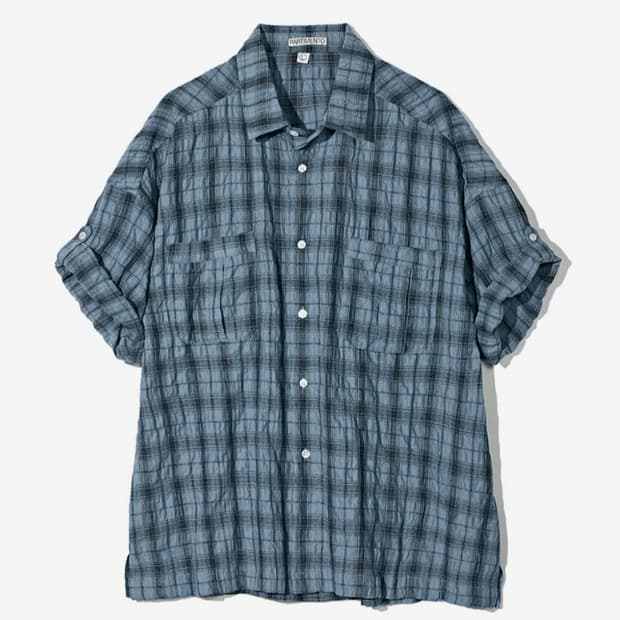 파르티멘토 링클 체크 박시 오버핏 롤업 하프 셔츠 블루