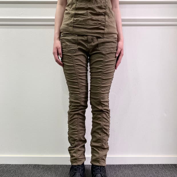  Shirring Detail Slim Fit Khaki Pants