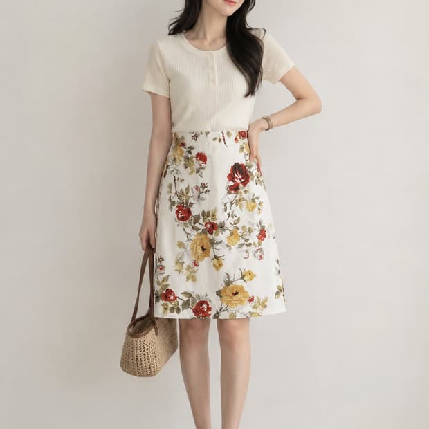 [새상품] Laura Ashley 플라워 패턴 H라인 미디 스커트 (9호