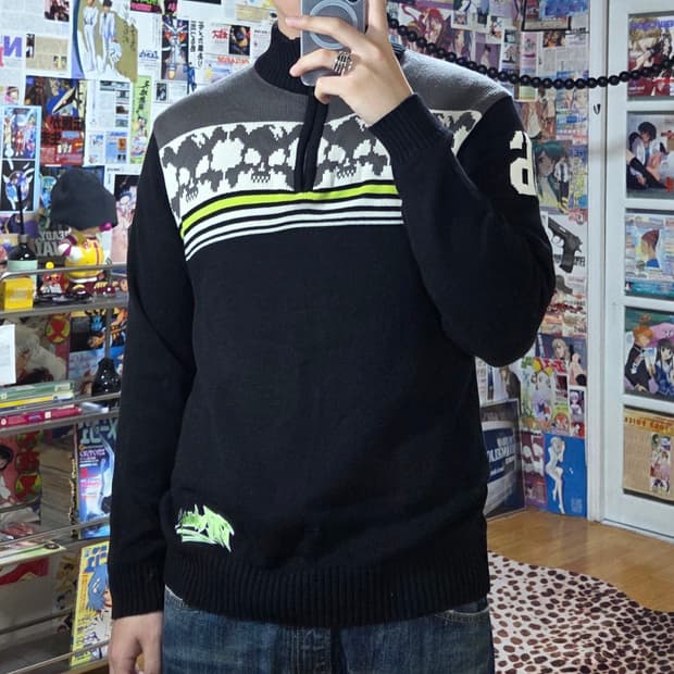 빈티지 펑크 해골 패턴 반집업 니트