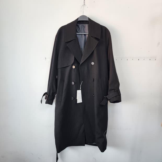 Drawfit 블랙 더블 버튼 롱 트렌치 코트
