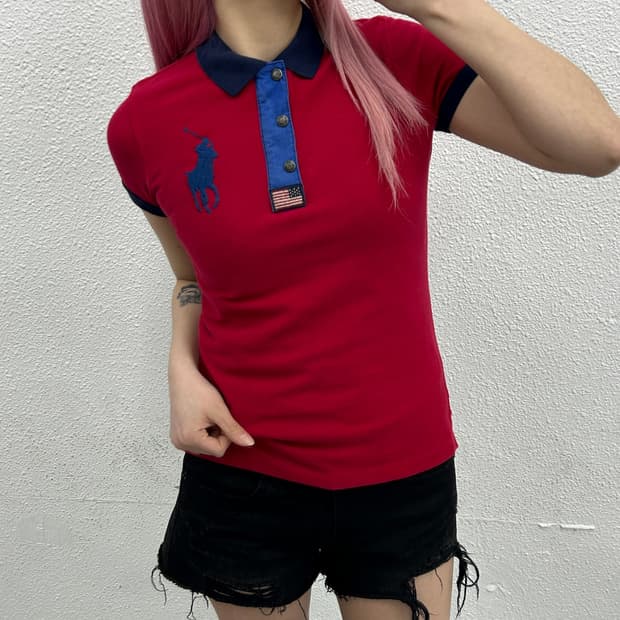 폴로 랄프로렌 딱붙핏 빅포니 지퍼버튼 레드 pk티 XS