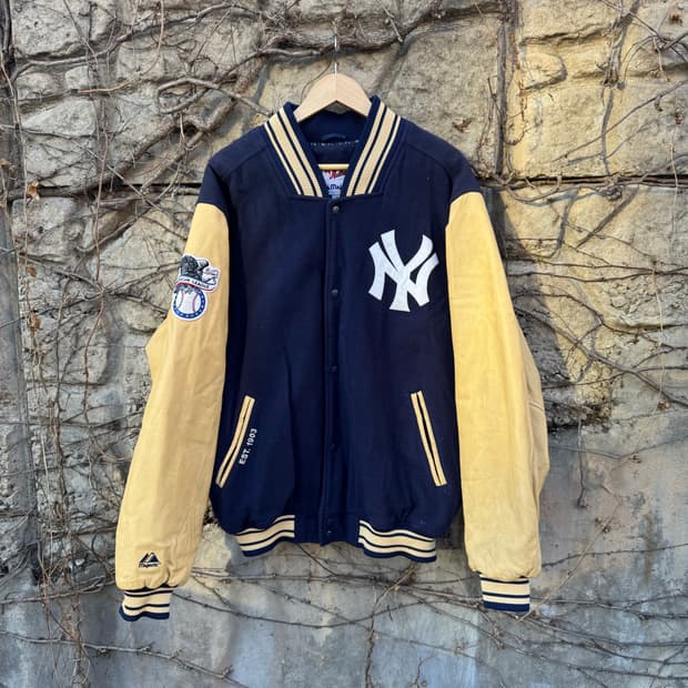 90s 마제스틱 빈티지 뉴욕 양키스 울 레더암 바시티 자켓 xl