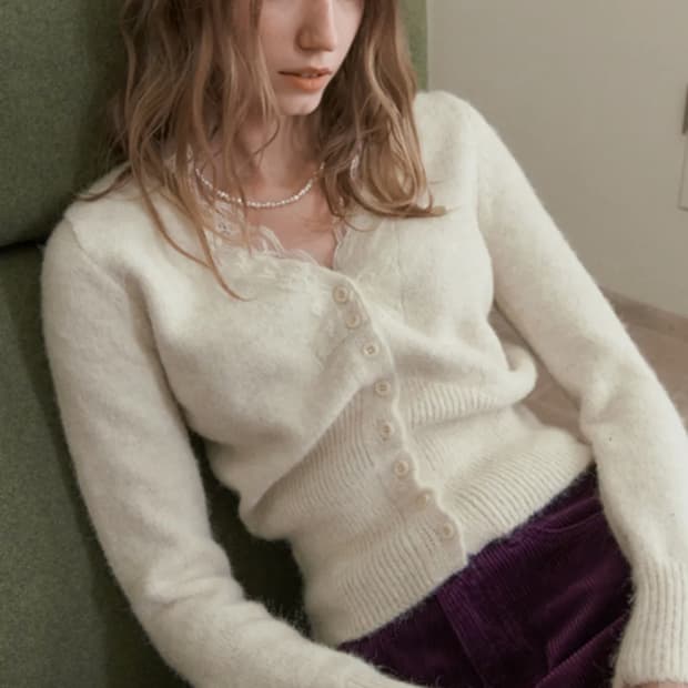 헤인트 레이스 트리밍 오트밀 가디건