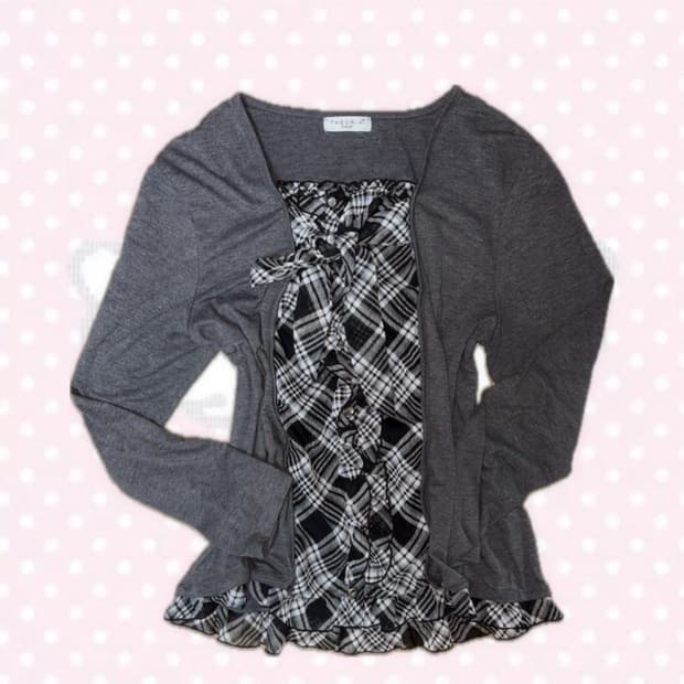 모리걸 히메갸루 그레이 체크패턴 리본 끈 블라우스 탑 상의