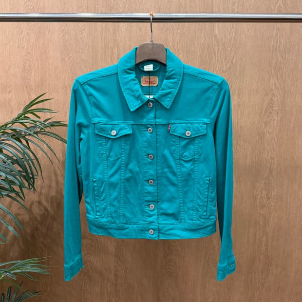 리바이스 코튼 컬러 데님 트러커 자켓 플랩 포켓 레드 탭 디테일 청록