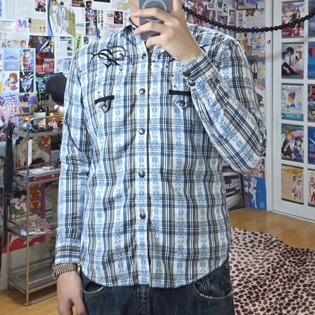 JPN 펑크 스터드 웨스턴 체크 셔츠