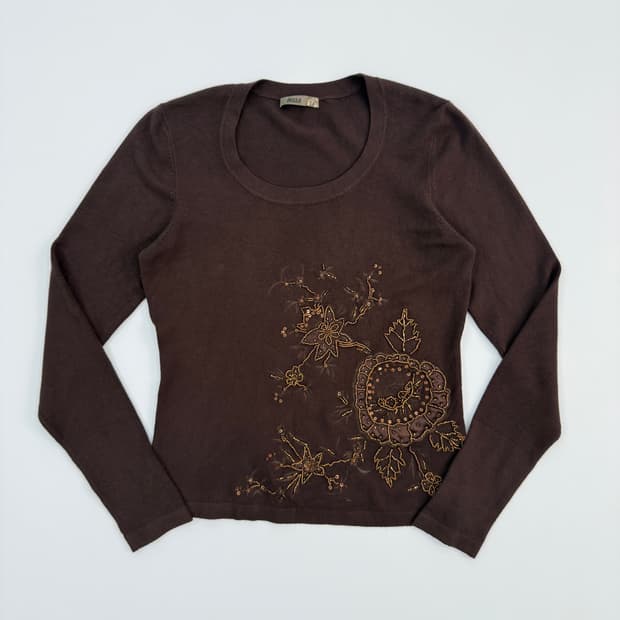 빈티지 Alissa 브라운 자수 비즈 니트