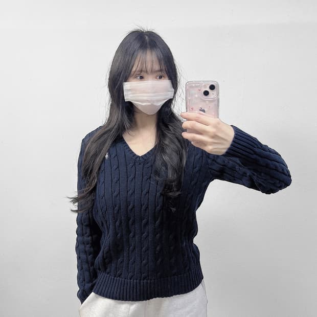 폴로 랄프로렌 포니 로고 브이넥 케이블 니트 네이비