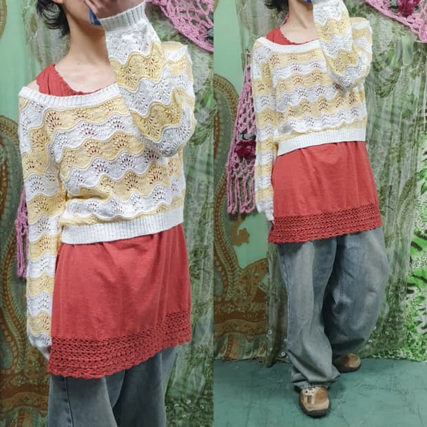 넓은 넥 물결 스트라이프 숏 니트 레몬 옐로