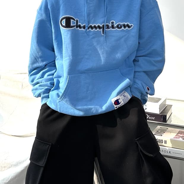 챔피온 블루 어센틱 빅로고 후드티 XL