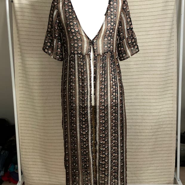 일본 빈티지 히피 보헤미안 블랙 플라워 패턴 쉬폰 원피스 로브