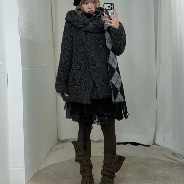 무채색 빅카라 코트 아가일 니혼진 도트 코디세트