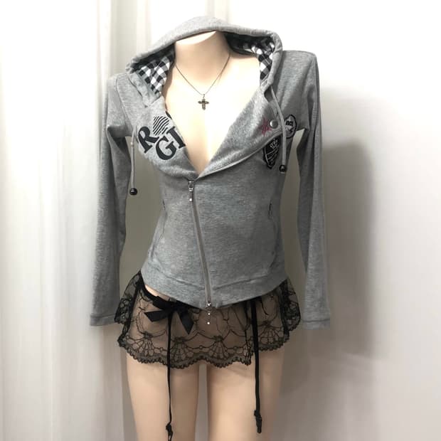 grey rockgirl 2way collar hood zip up