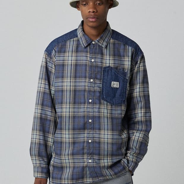 magoodgan 맥우드건 남녀공용 체크 데님 셔츠 남방