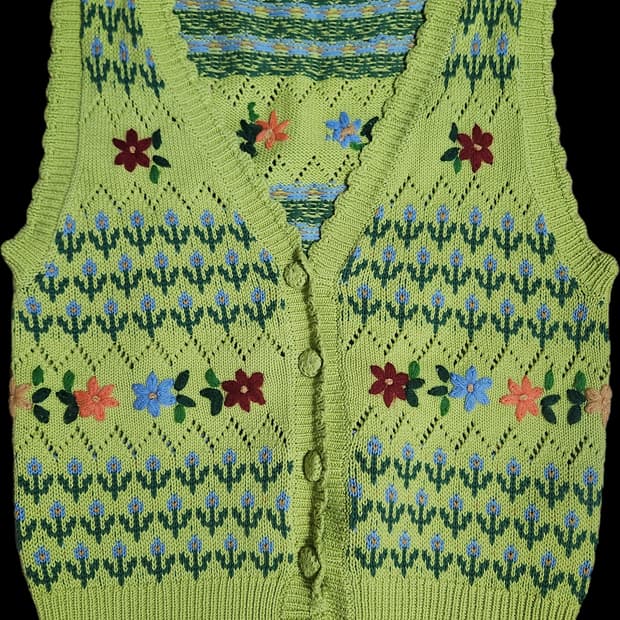 자라 라임색 자수 꽃무늬 니트 조끼 가디건