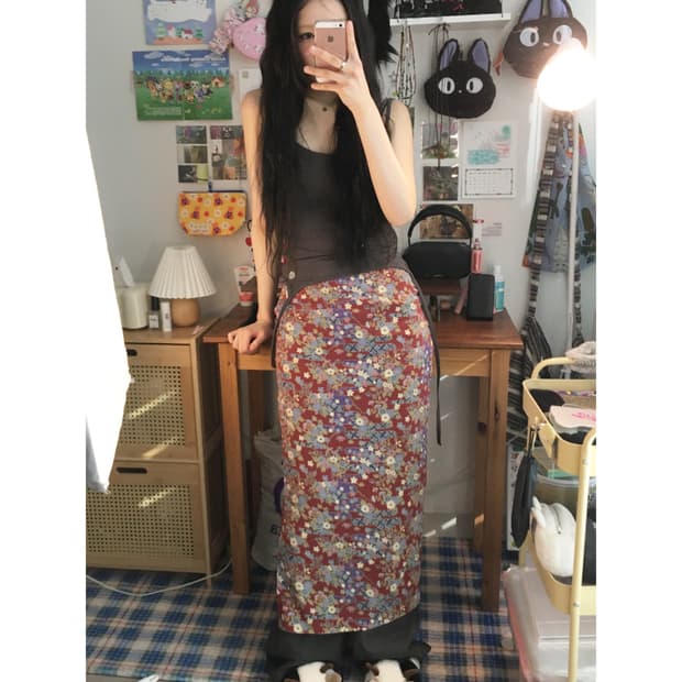 vintage oriental floral skirt burgundy