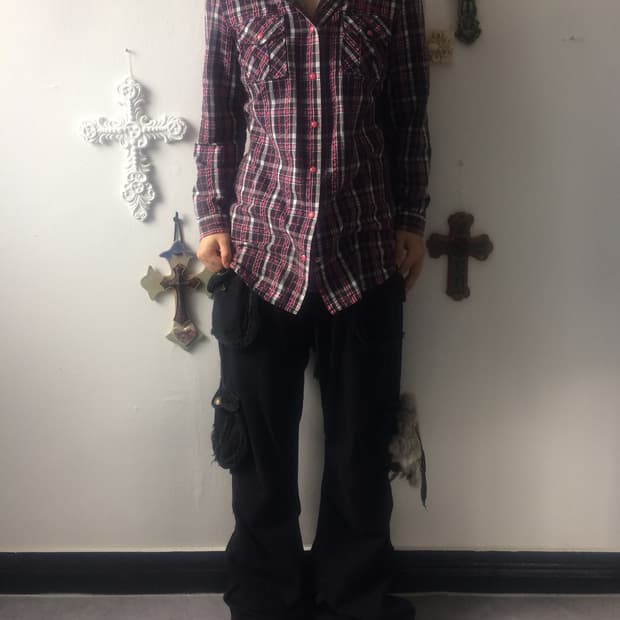 Hood layered check pattern shirt