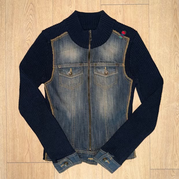 착샷ㅇ) 빈티지 데님 배색 니트 집업