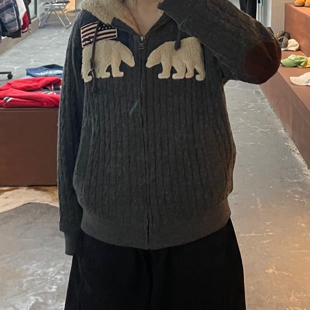 지프 곰패치 성조기 니트 후드집업 H2235