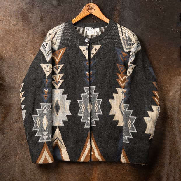 [100] 80s CROMBIE 퓨어 램스울 나바호 패턴 니트 가디건 