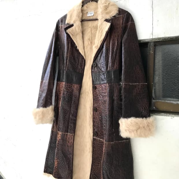 Patchwork leather fur trimming coat
