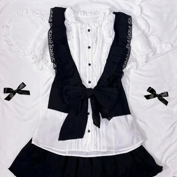 빈티지 공겜여주 고스로리 갸루 베스트 반팔 블라우스 세트