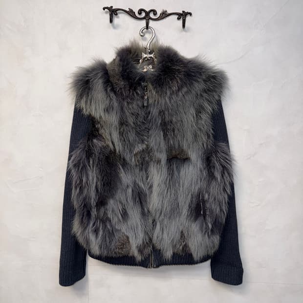 Ash gray fox fur knit zipup